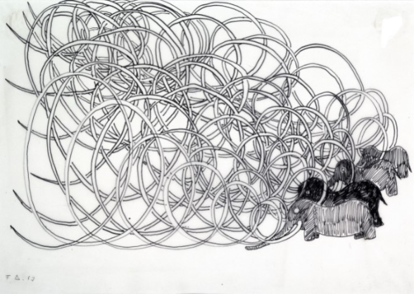Friedrich Dürrenmatt, [4 Mammuts], 1967, pennarello su carta, 29.5 x 41 cm, collezione Beatrice Liechti